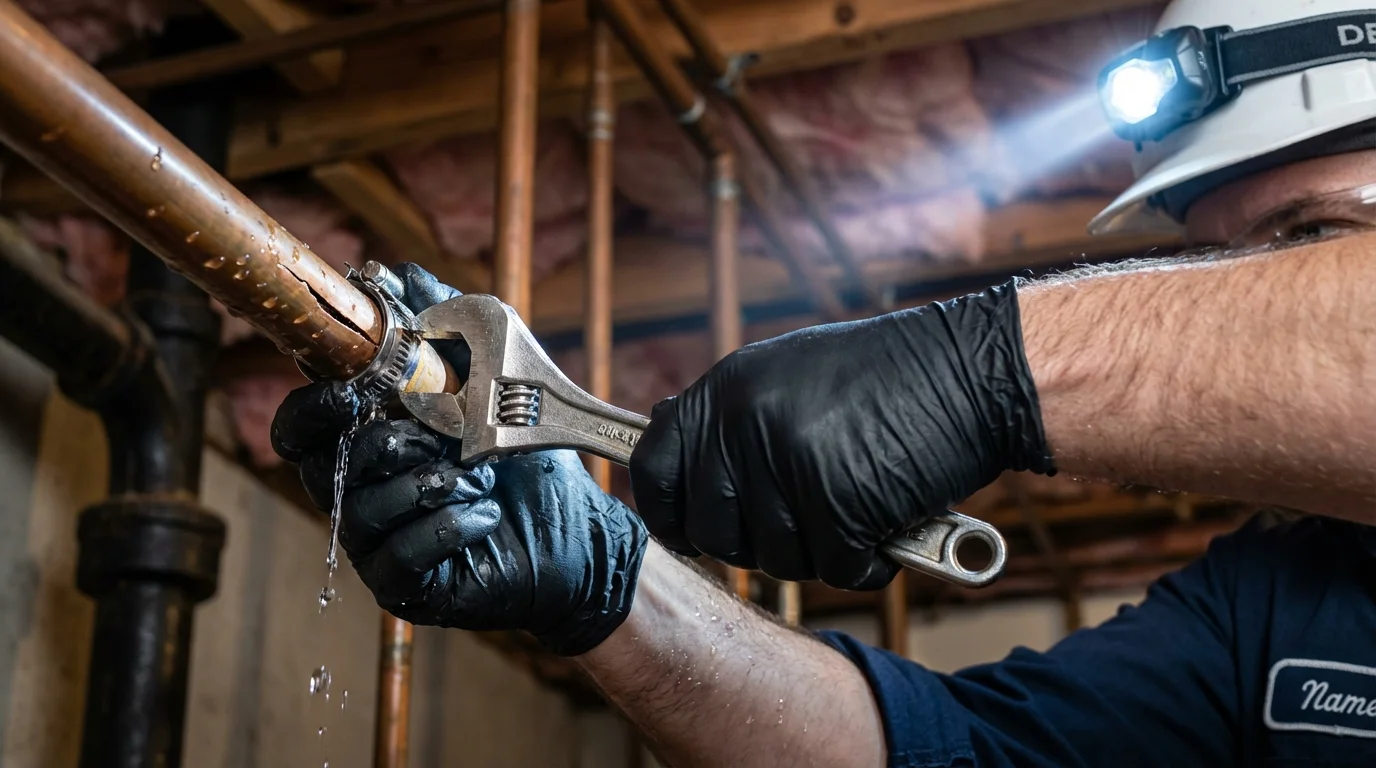 Emergency pipe clamp repair being performed by a Johns Plumbing LLC plumber in Wildwood