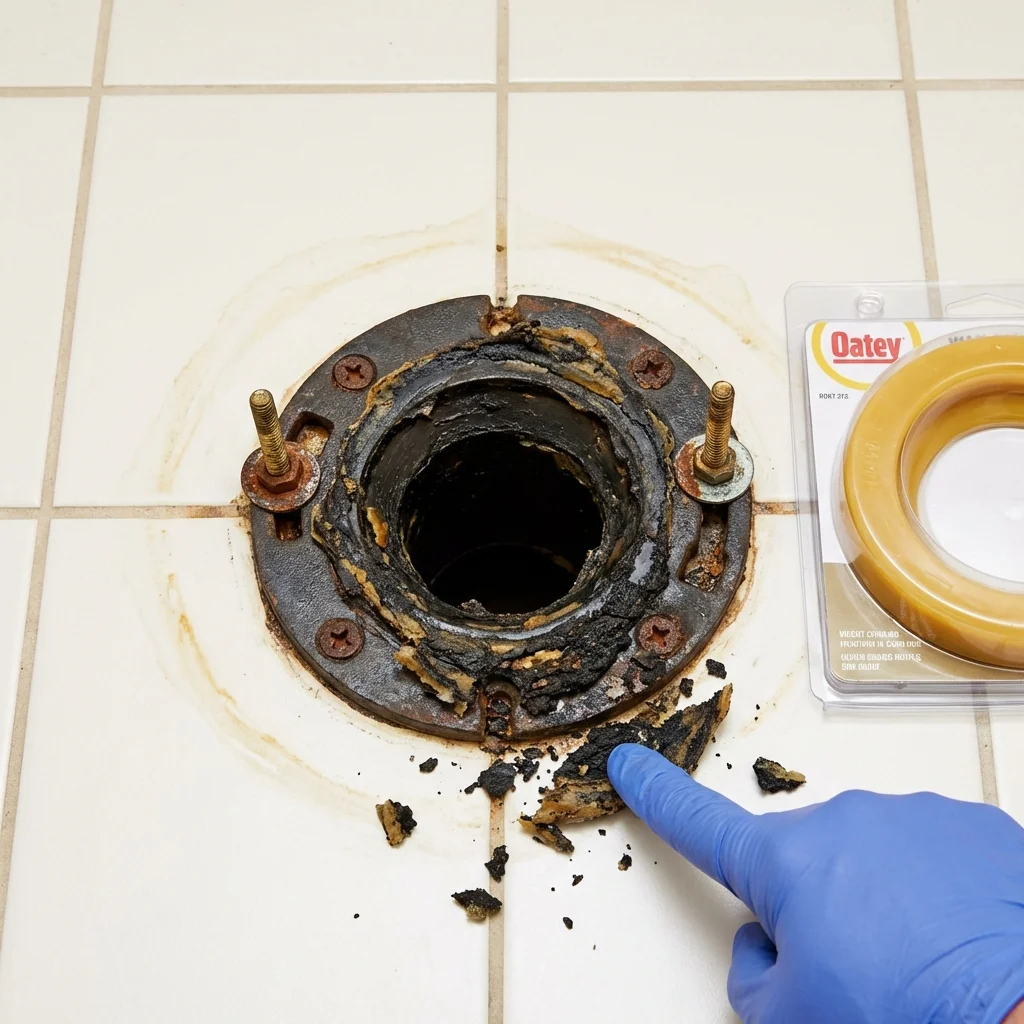 Failed wax ring showing water seepage at the base of a toilet in a Wildwood, FL home