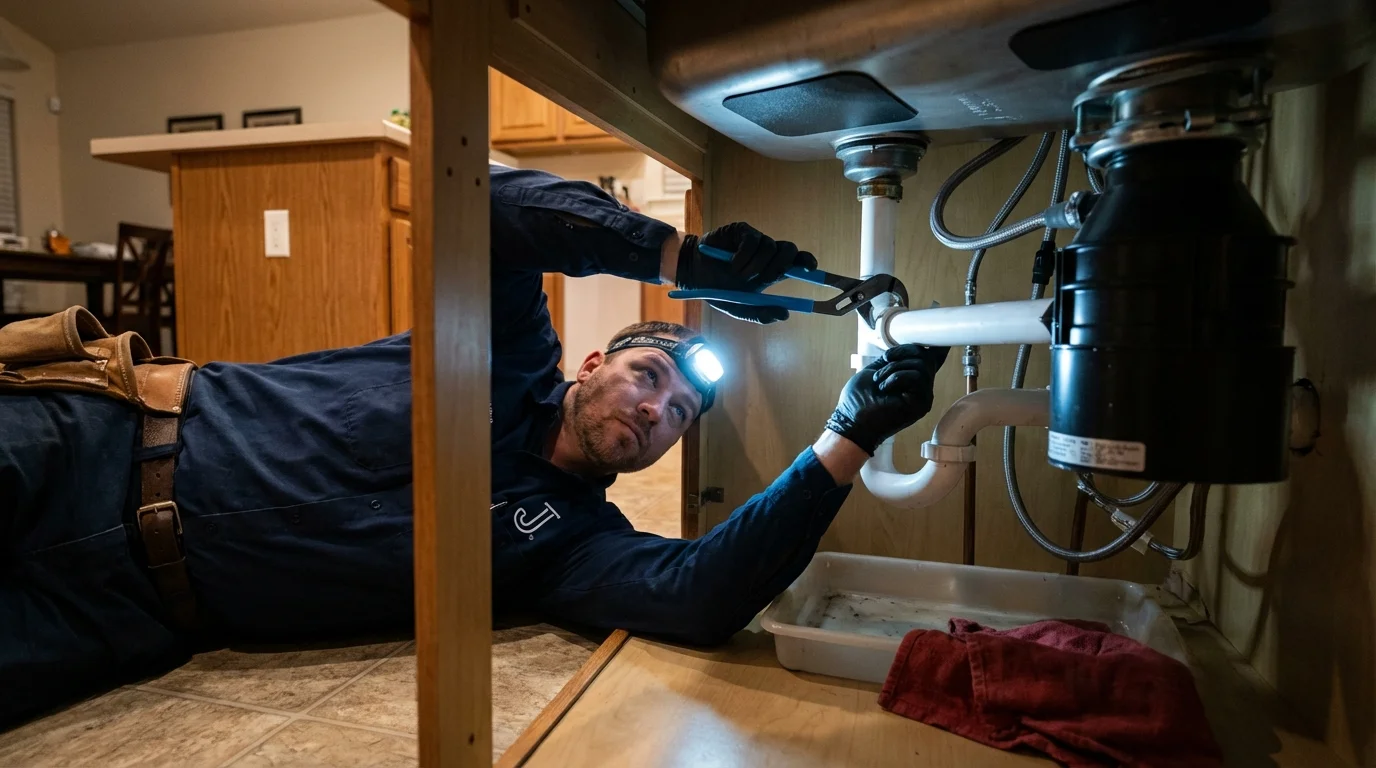 P-trap and supply line connections under a kitchen sink showing a common leak point in Wildwood, FL